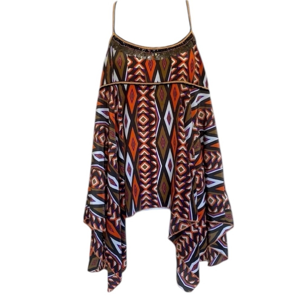 BOHO top, beads/sequins, spaghetti straps, handkerchief hem, side zip. M